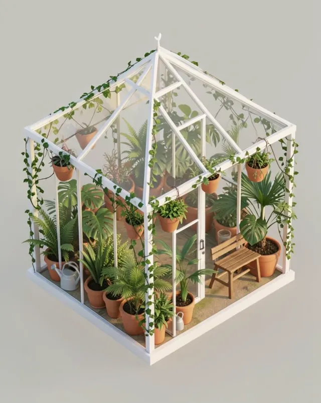 Isometric glass greenhouse diorama packed with tropical plants, terracotta pots and watering cans in soft light