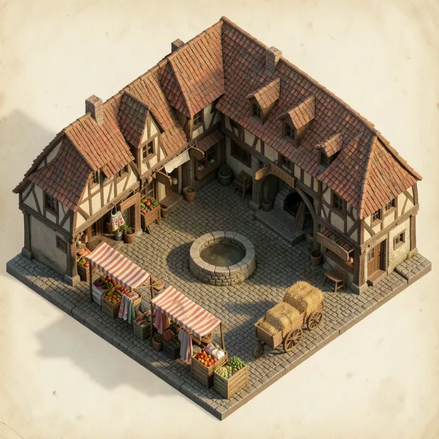 An isometric medieval village square diorama with market stalls