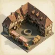 An isometric medieval village square diorama with market stalls