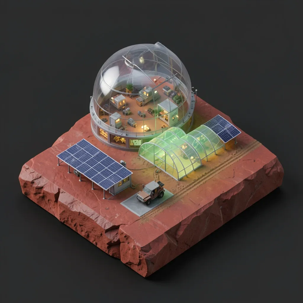 An isometric space colony diorama with greenhouse domes on red rock