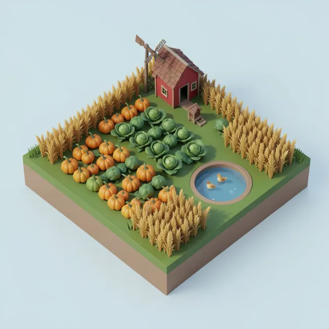 An isometric tiny farm diorama with barn and crop rows