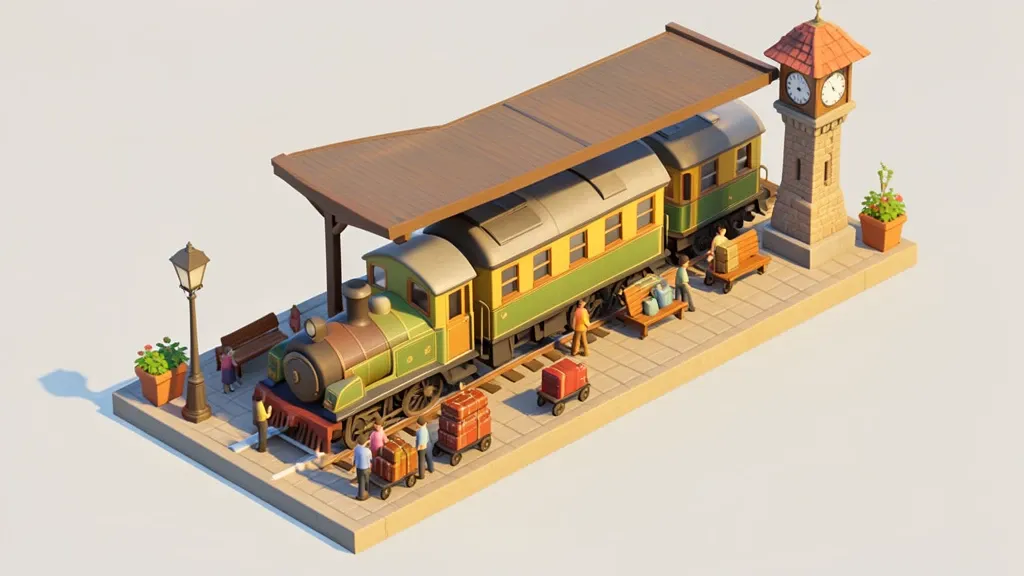 Isometric vintage train station diorama with a steam train, tiny passengers, benches and luggage carts in bright light