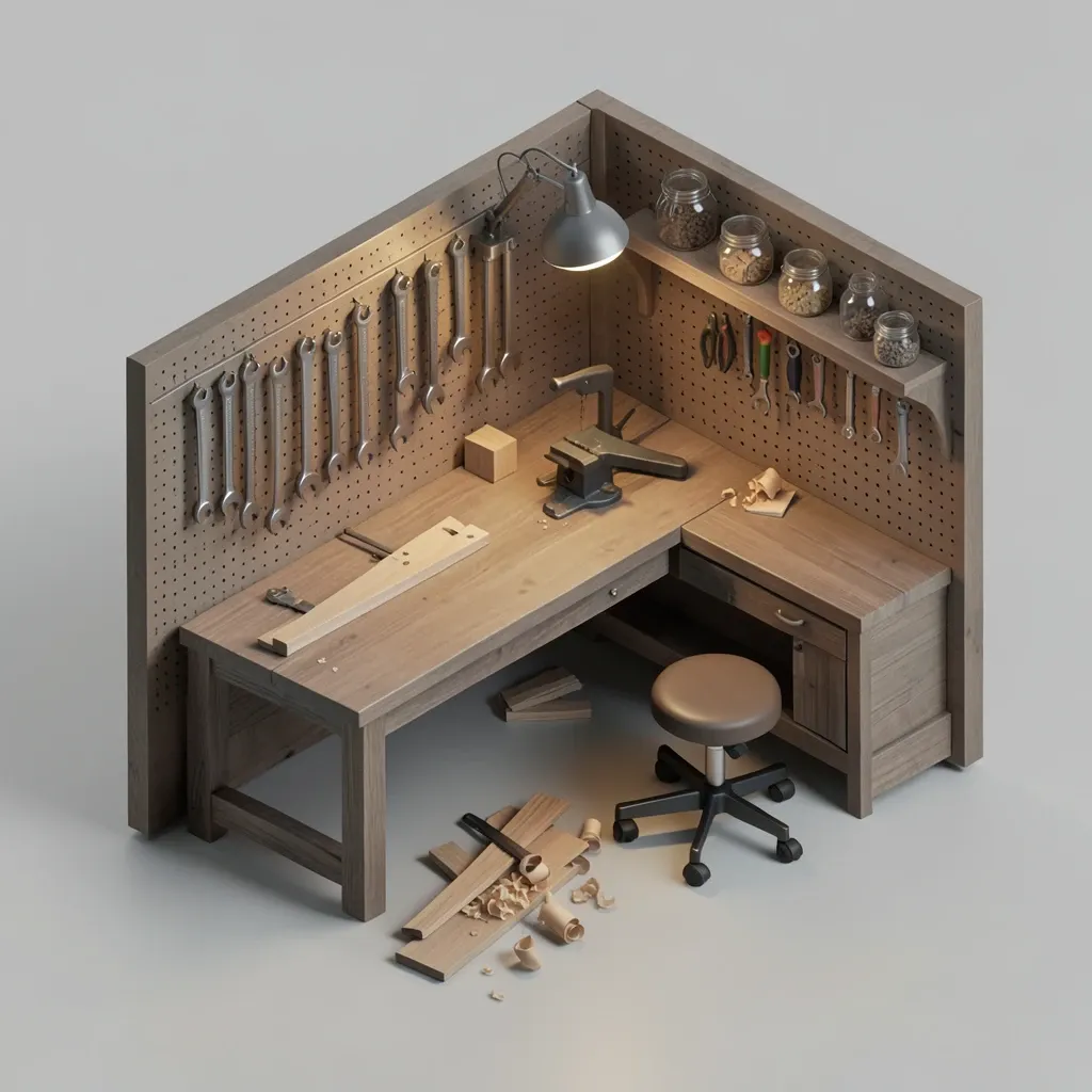 An isometric maker workshop with pegboard tool wall