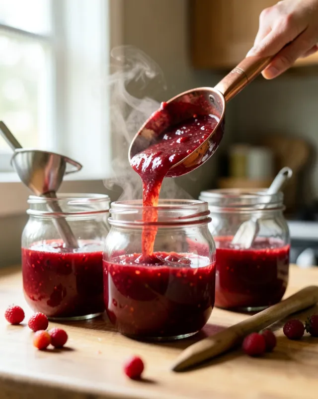 Glossy strawberry jam being ladled into glass jars in a warm farmhouse kitchen