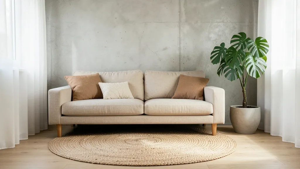 Photorealistic Japandi living room with linen sofa and oak flooring