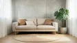 Photorealistic Japandi living room with linen sofa and oak flooring