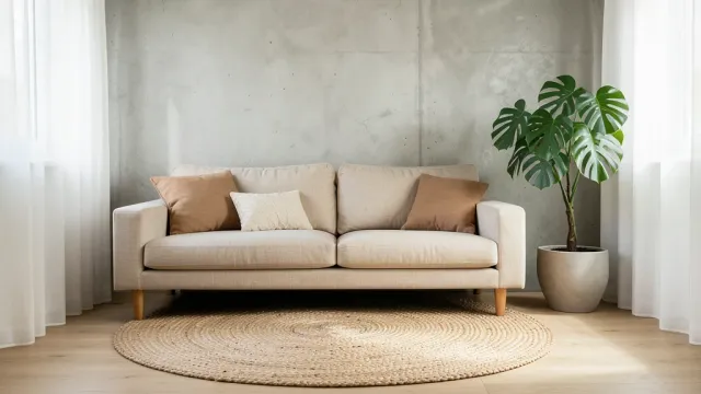 Photorealistic Japandi living room with linen sofa and oak flooring