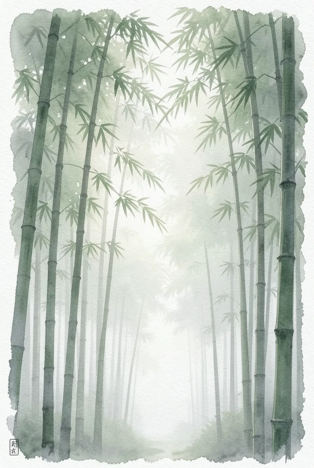Misty Japanese bamboo forest in soft watercolor, tall sage-green stalks fading into pale gray fog