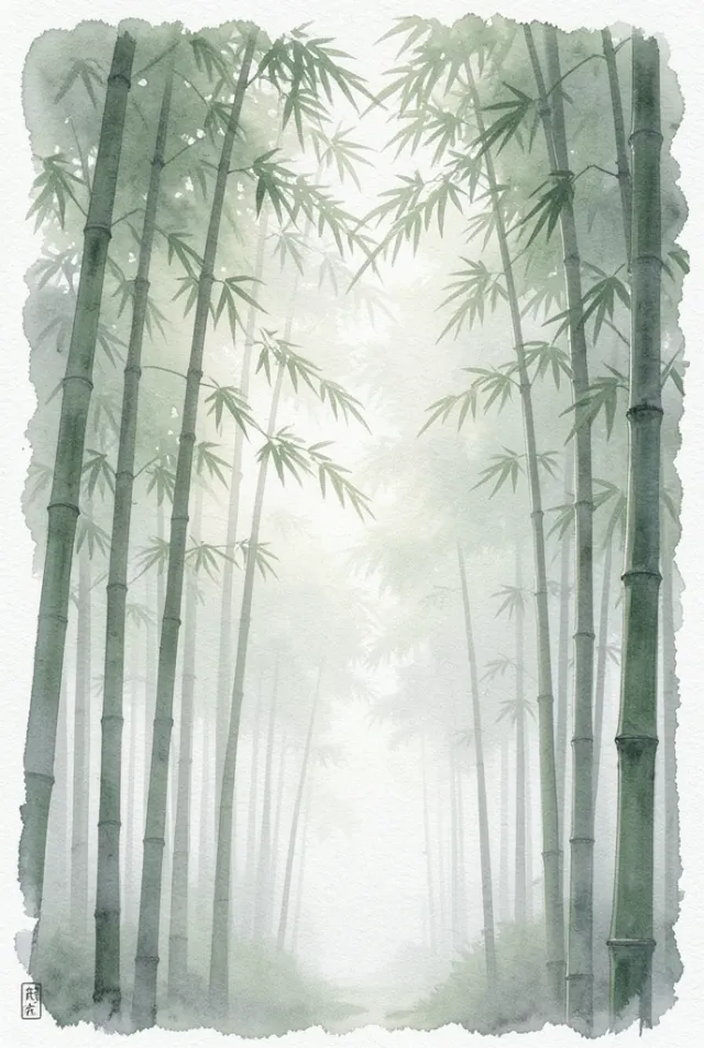 Misty Japanese bamboo forest in soft watercolor, tall sage-green stalks fading into pale gray fog