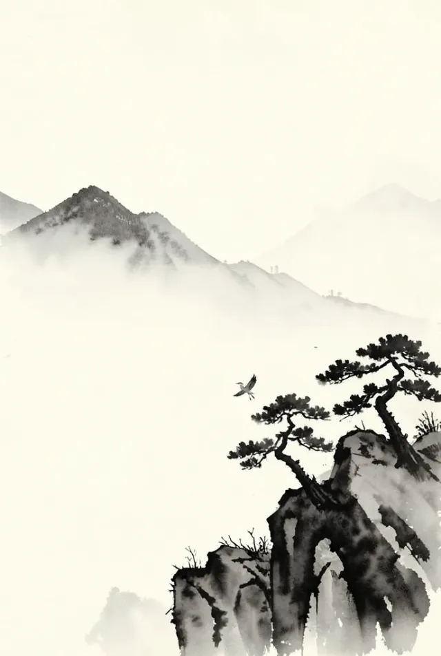 Minimalist sumi-e ink wash of misty layered mountains, wind-bent pines and a lone heron in grey and black on cream paper