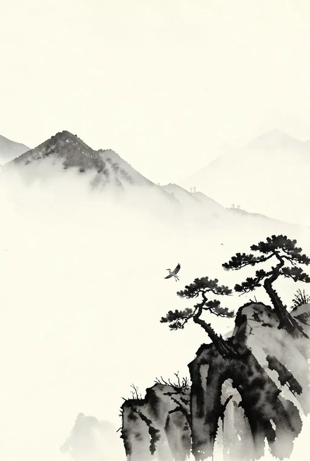 Minimalist sumi-e ink wash of misty layered mountains, wind-bent pines and a lone heron in grey and black on cream paper