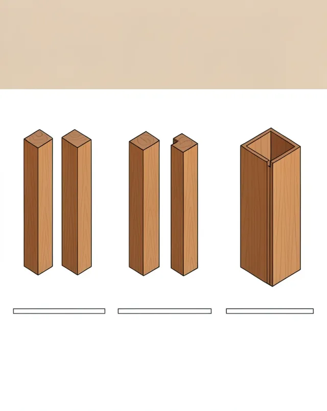 Flat vector diagram of a Japanese timber joint shown apart, partly engaged and fully seated