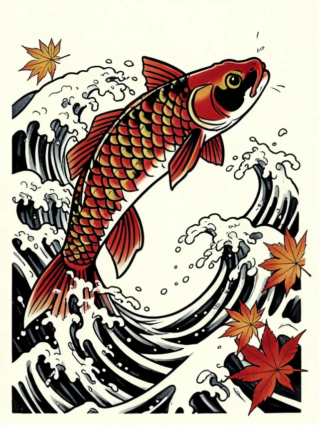 Japanese irezumi koi fish tattoo swimming up Hokusai-style waves with red and gold flat fills on cream