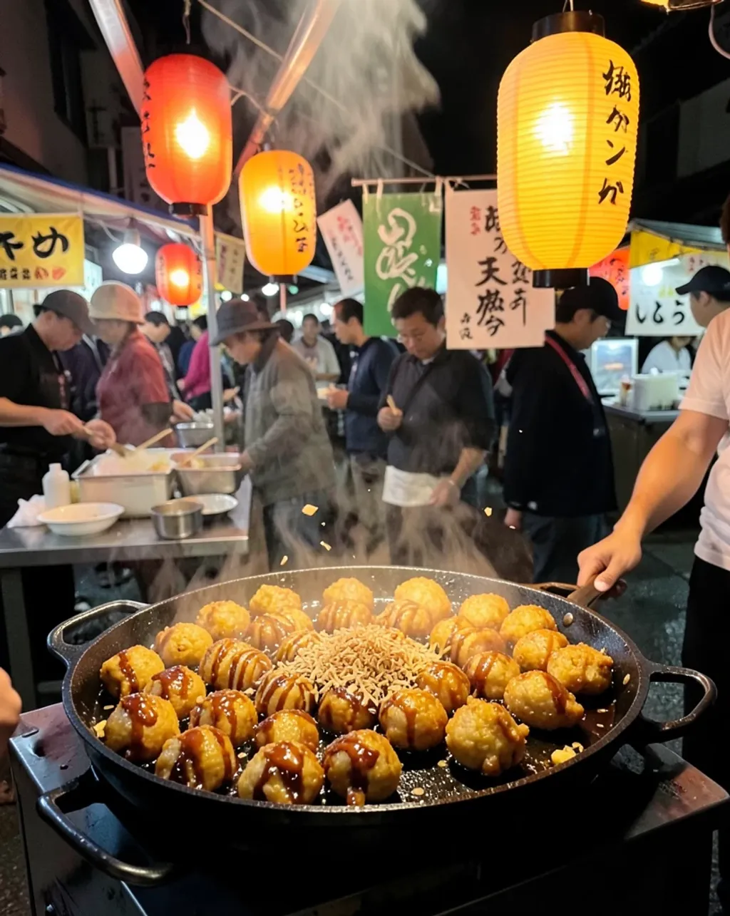 Takoyaki street food stall with golden octopus balls, sauce drizzle, and dancing bonito flakes