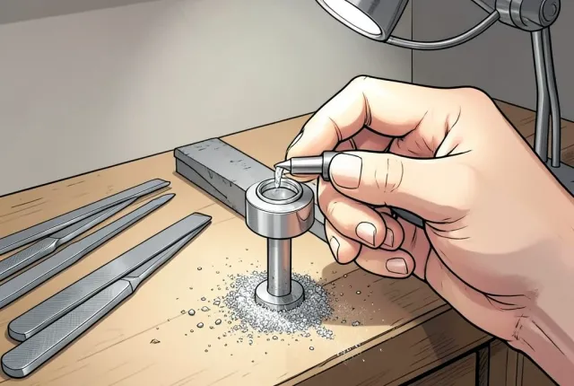 A clean illustration of a jeweller filing a silver ring held in a clamp at a bench peg.