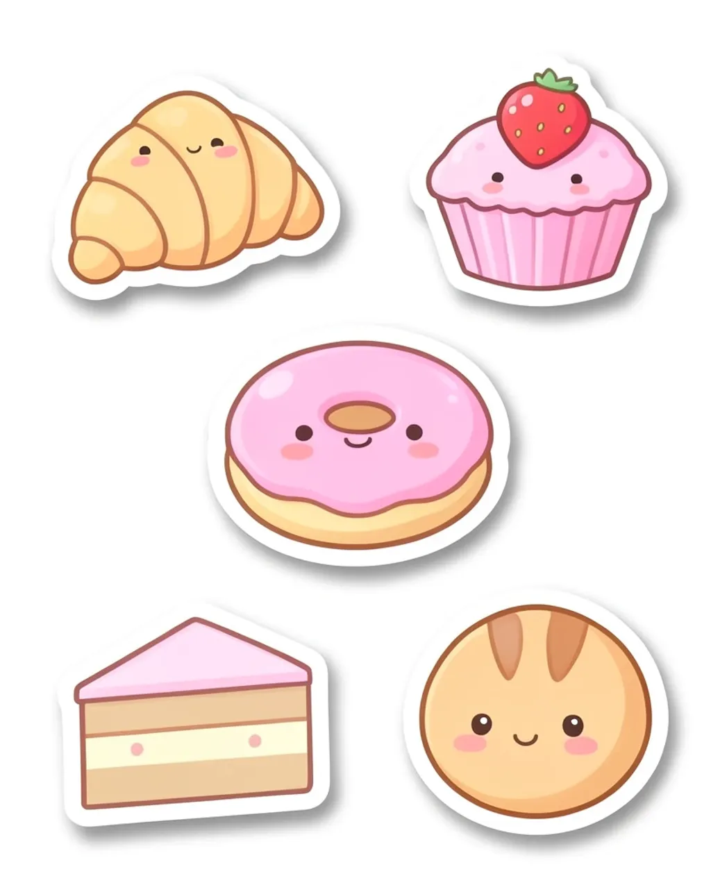 Kawaii sticker sheet of six smiling pastel pastries with white die-cut borders on a white background