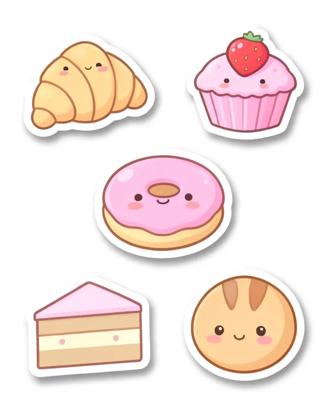 Kawaii sticker sheet of six smiling pastel pastries with white die-cut borders on a white background