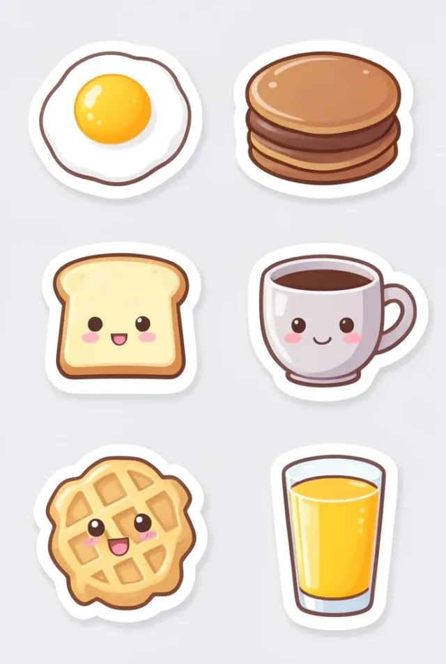 Kawaii sticker sheet of six smiling breakfast foods with thick white die-cut borders on a plain background