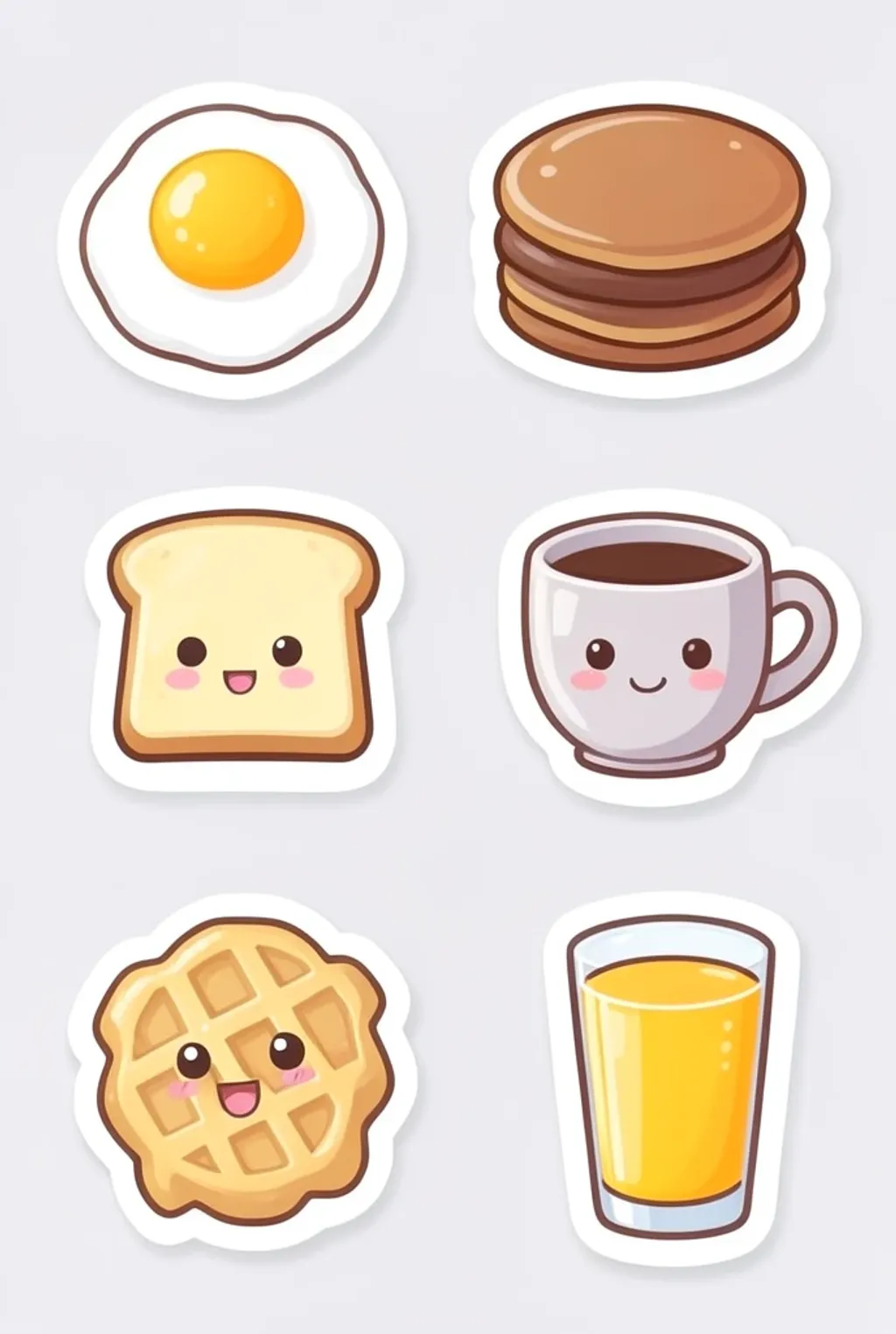 Kawaii sticker sheet of six smiling breakfast foods with thick white die-cut borders on a plain background