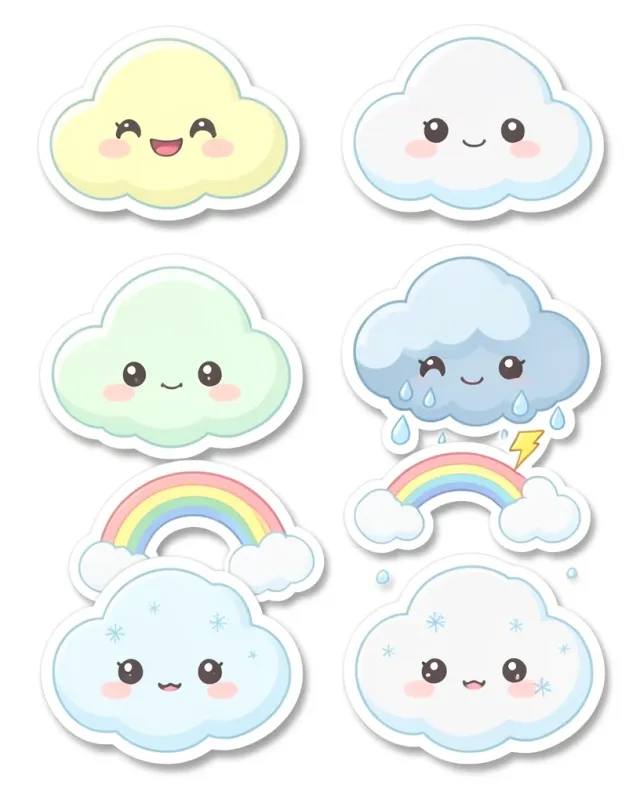 Kawaii sticker sheet of six pastel clouds with weather faces and white die-cut borders on white