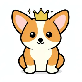Kawaii corgi character t-shirt design with chubby body, big eyes, tilted crown and sparkle accents on white