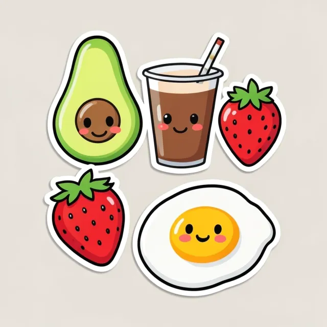 Cute kawaii food character stickers — avocado, boba, strawberry and egg with rosy cheeks