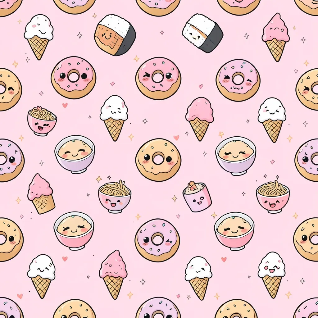 Kawaii food character seamless repeat pattern of smiling donuts sushi and ice cream on pastel pink