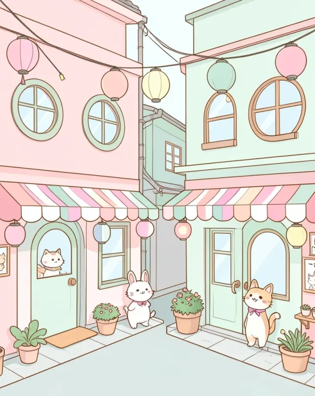 Kawaii Japanese street scene with tiny shops, pastel lanterns, and friendly characters
