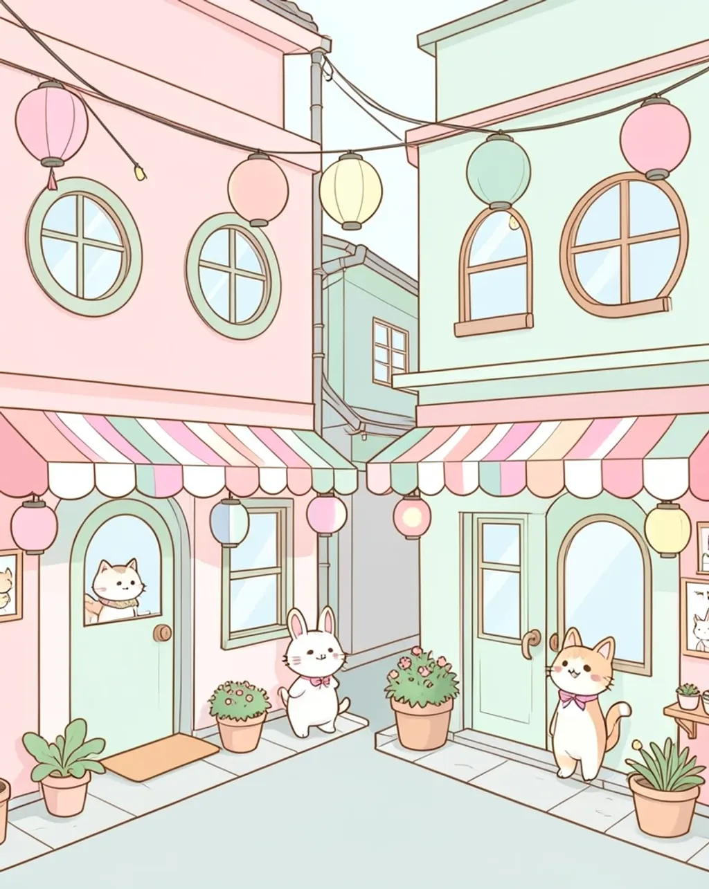 Kawaii Japanese street scene with tiny shops, pastel lanterns, and friendly characters