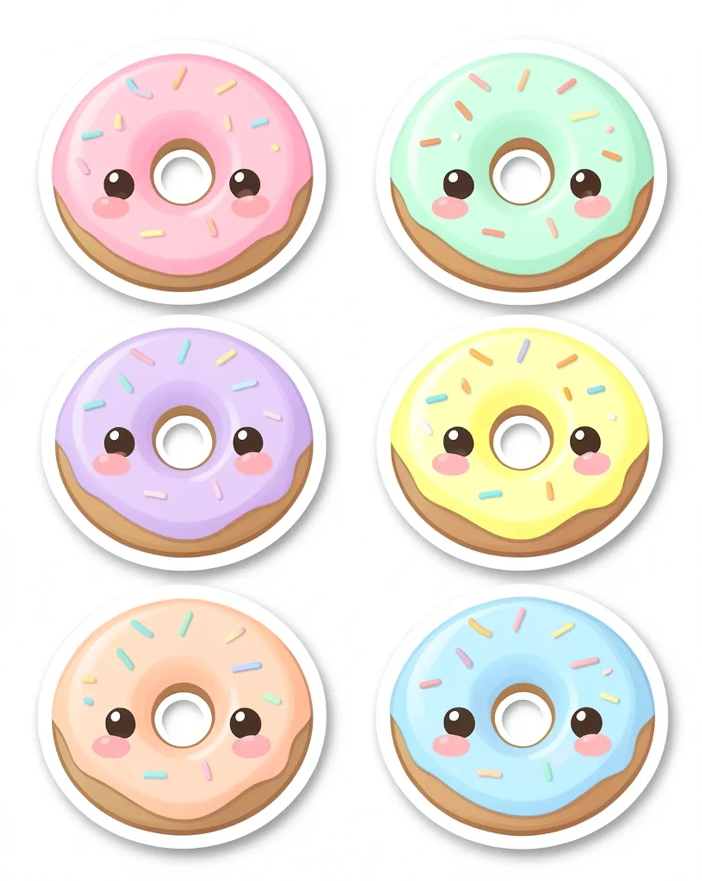 Sticker sheet of six kawaii pastel donuts with happy chibi faces and sprinkles, each with a thick white die-cut border