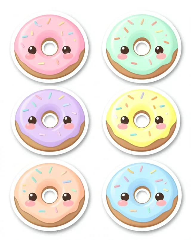 Sticker sheet of six kawaii pastel donuts with happy chibi faces and sprinkles, each with a thick white die-cut border