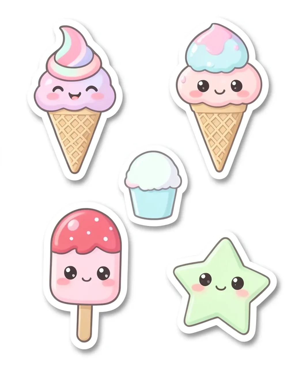 Sticker sheet of six kawaii pastel ice cream treats with happy chibi faces and thick white die-cut borders on white