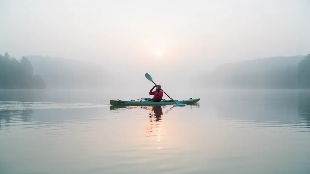 A red-jacketed kayaker on a fog-covered lake at dawn, the far shore lost in mist.