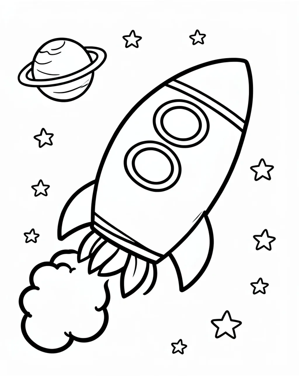 Kids space rocket coloring page with bold outlines planets and stars on white