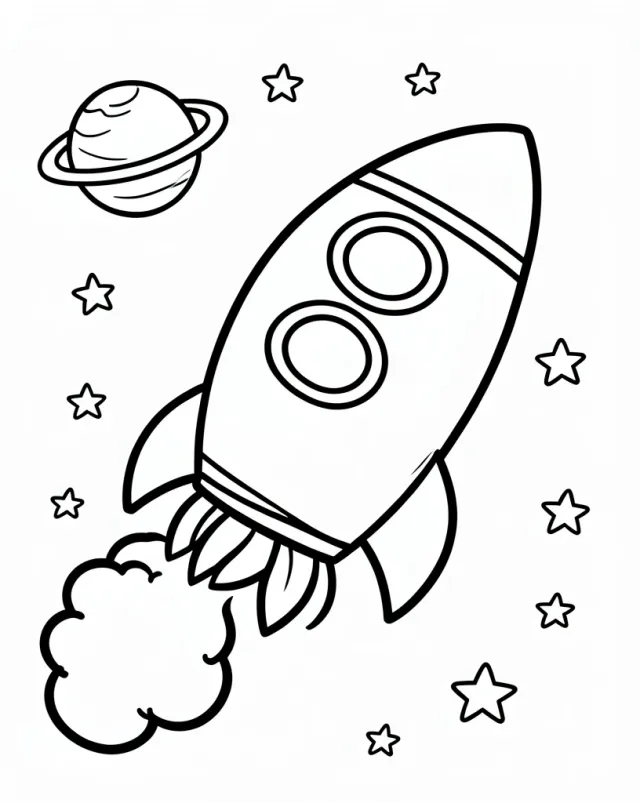 Kids space rocket coloring page with bold outlines planets and stars on white