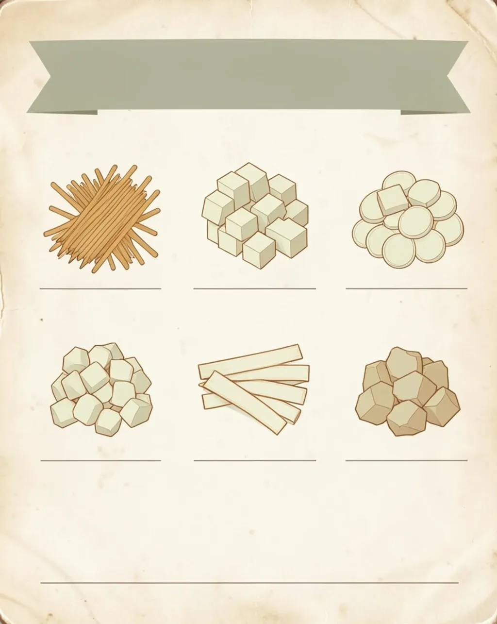 Vintage kitchen chart of six knife cut shapes in sage and ochre on aged paper with blank labels