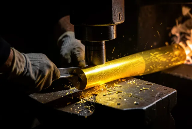 A bladesmith drawing out a glowing layered steel billet under a power hammer in a dark forge.