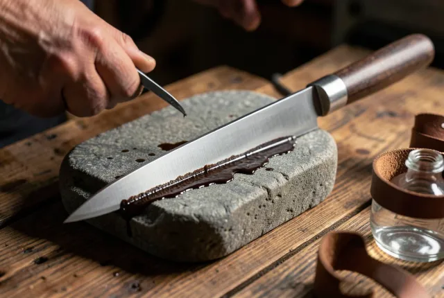 Chef knife edge on a wet grey whetstone with dark slurry, leather strop beside, hard raking light