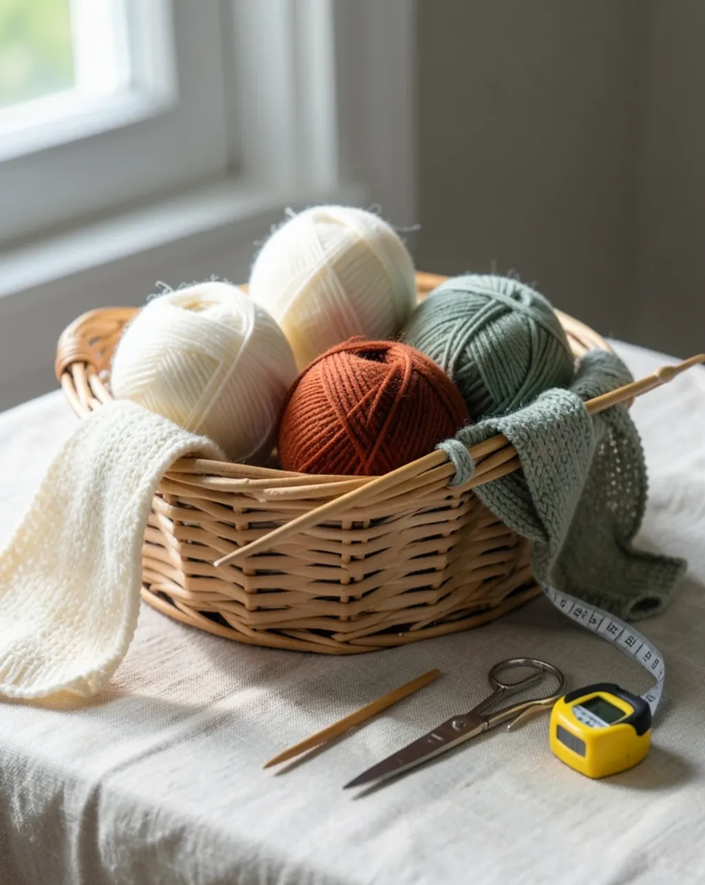 A knitting basket with wool, needles, and a half-knitted scarf in soft window light.