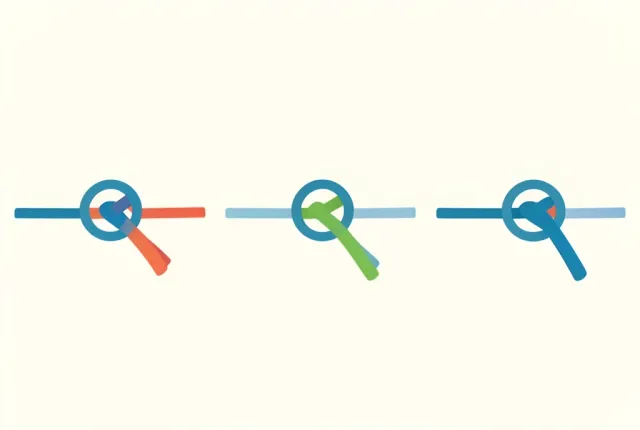 A wordless three-panel diagram showing the stages of tying a bowline knot.
