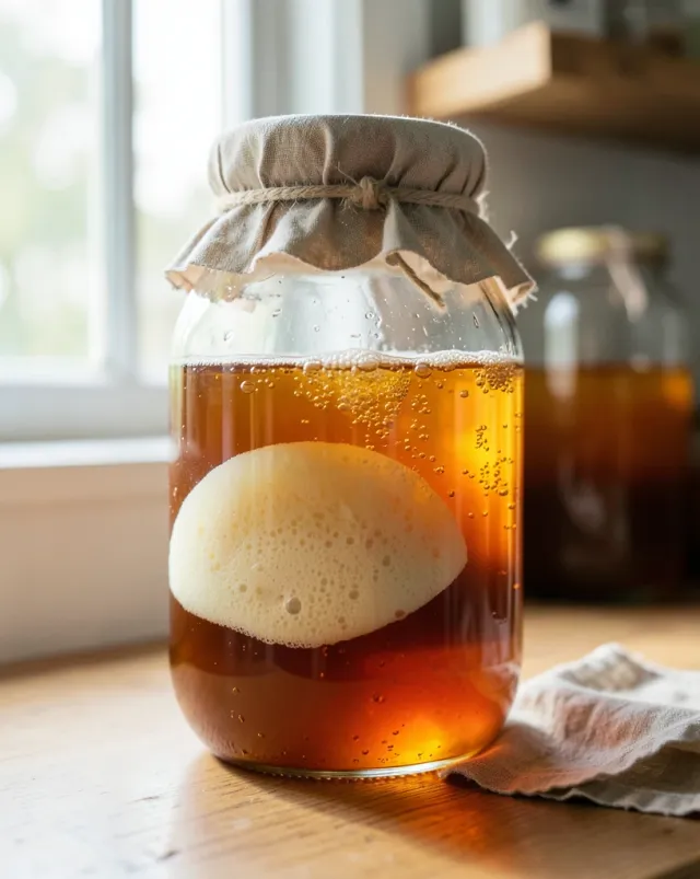 A glass jar of amber kombucha with a layered scoby floating at the surface, backlit by a window.
