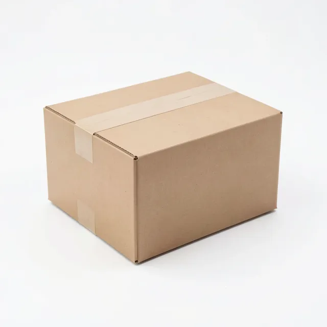 Plain brown kraft cardboard shipping box, blank and unprinted, in clean soft studio light