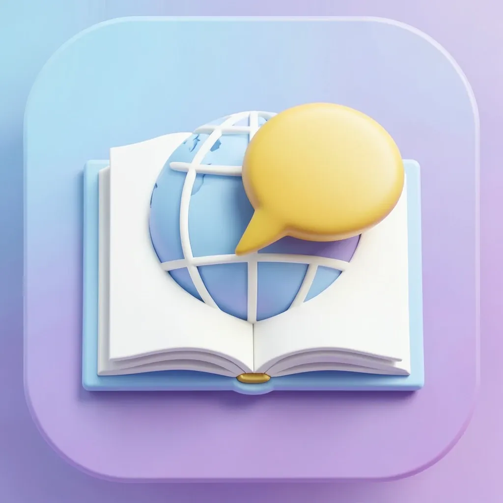 Language learning app icon with open book forming globe and golden speech bubble on blue to lavender gradient