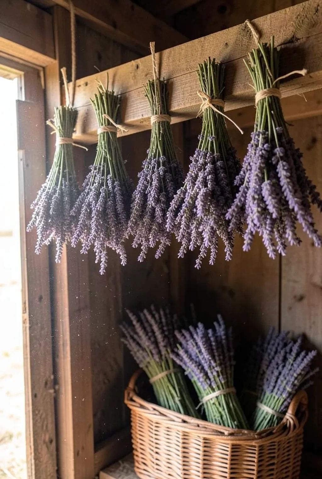 Bundles of lavender hanging to dry from a barn beam, purple spikes pointing down.