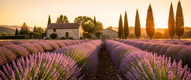 Rows of purple lavender stretching toward a stone farmhouse at golden hour with cypress trees in distance