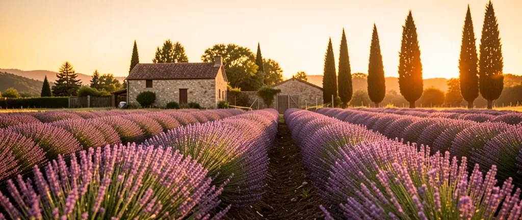 Rows of purple lavender stretching toward a stone farmhouse at golden hour with cypress trees in distance