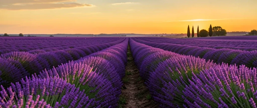 Endless rows of purple lavender at sunset with golden sky, winding path, and distant cypress tree