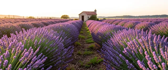 Rows of purple lavender with a narrow dirt path leading to a small stone hut in golden evening light