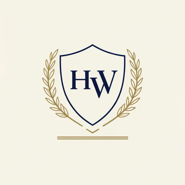 Navy and gold law firm crest with interlocking serif initials, laurel sprigs and a shield