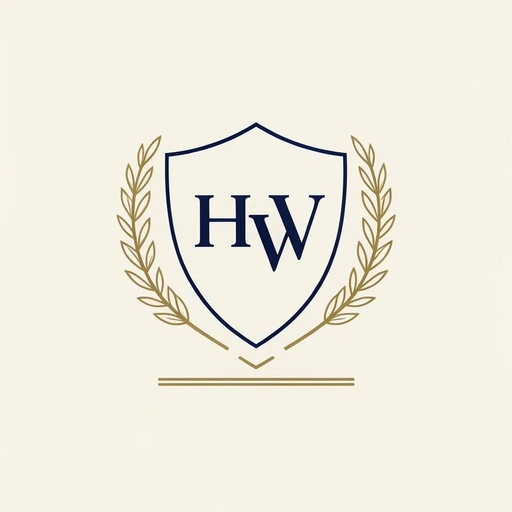 Navy and gold law firm crest with interlocking serif initials, laurel sprigs and a shield